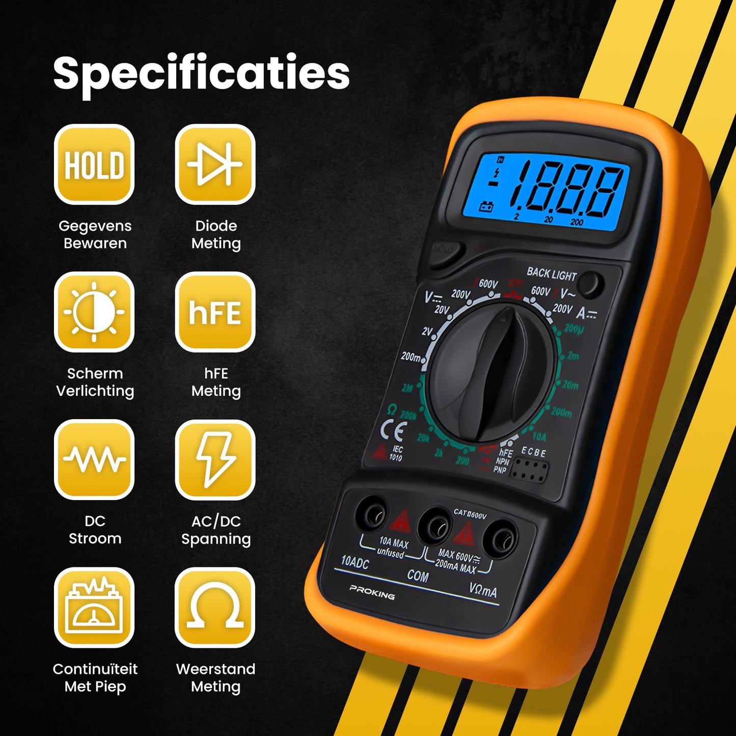PROKING Digitale Multimeter - AC / DC - Incl. 9V Batterij - Klemtangen - Opberghoes - Multi Meter - PROKING