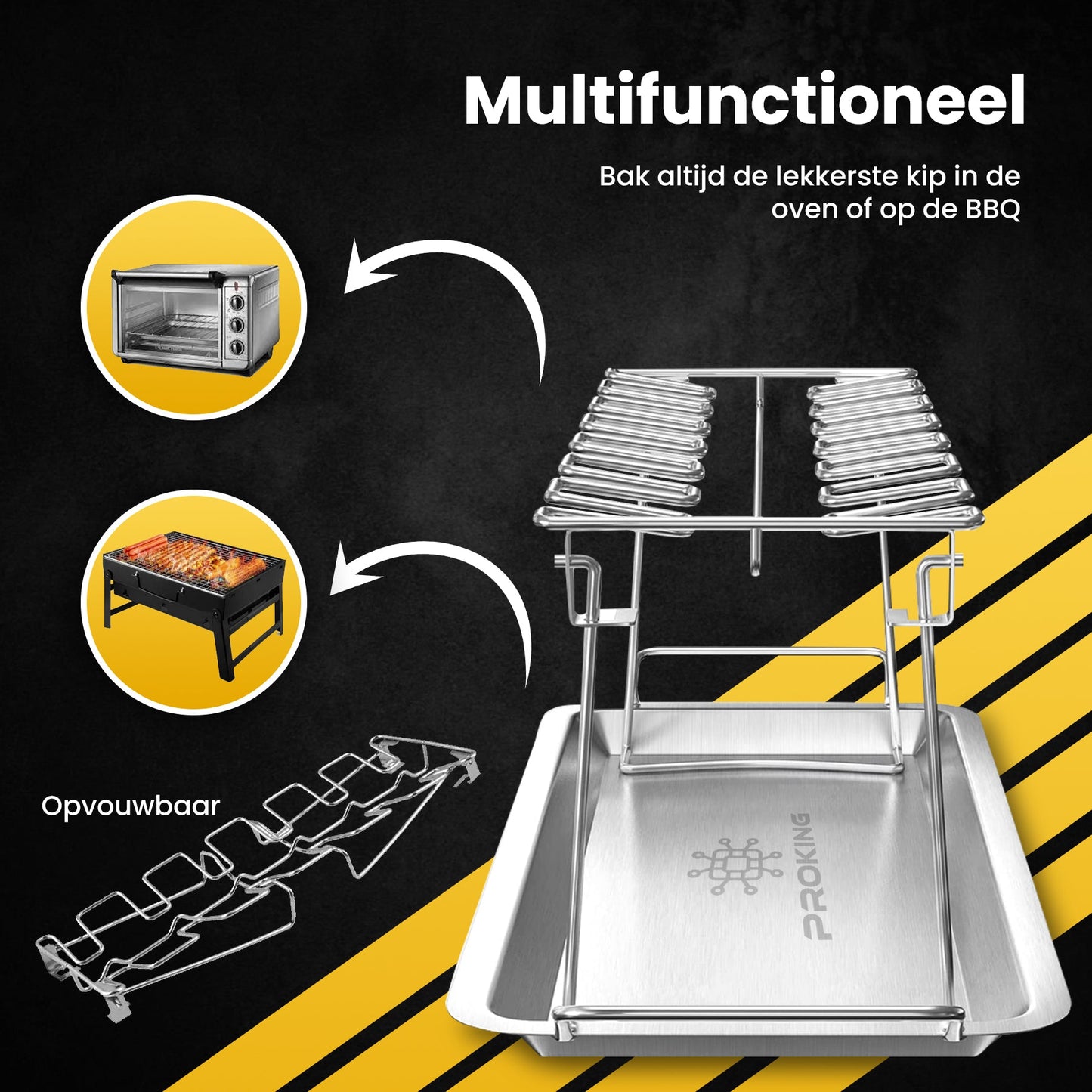 PROKING Kippenvleugelhouder – BBQ Accessoires – BBQ Kiphouder –Kiphouder Oven – Inclusief Opvangbakje – RVS - PROKING