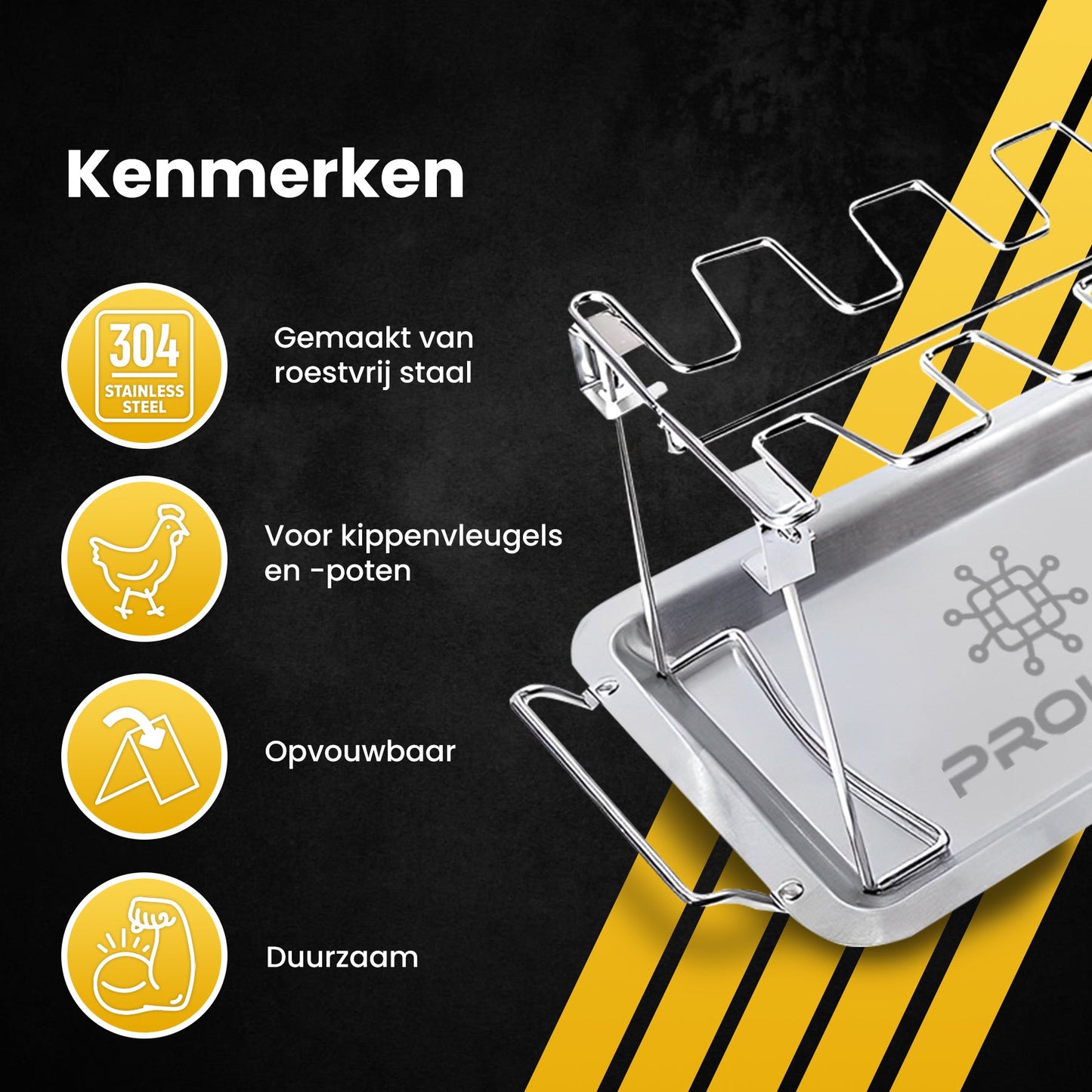 PROKING Kippenvleugelhouder – BBQ Accessoires – BBQ Kiphouder –Kiphouder Oven – Inclusief Opvangbakje – RVS - PROKING