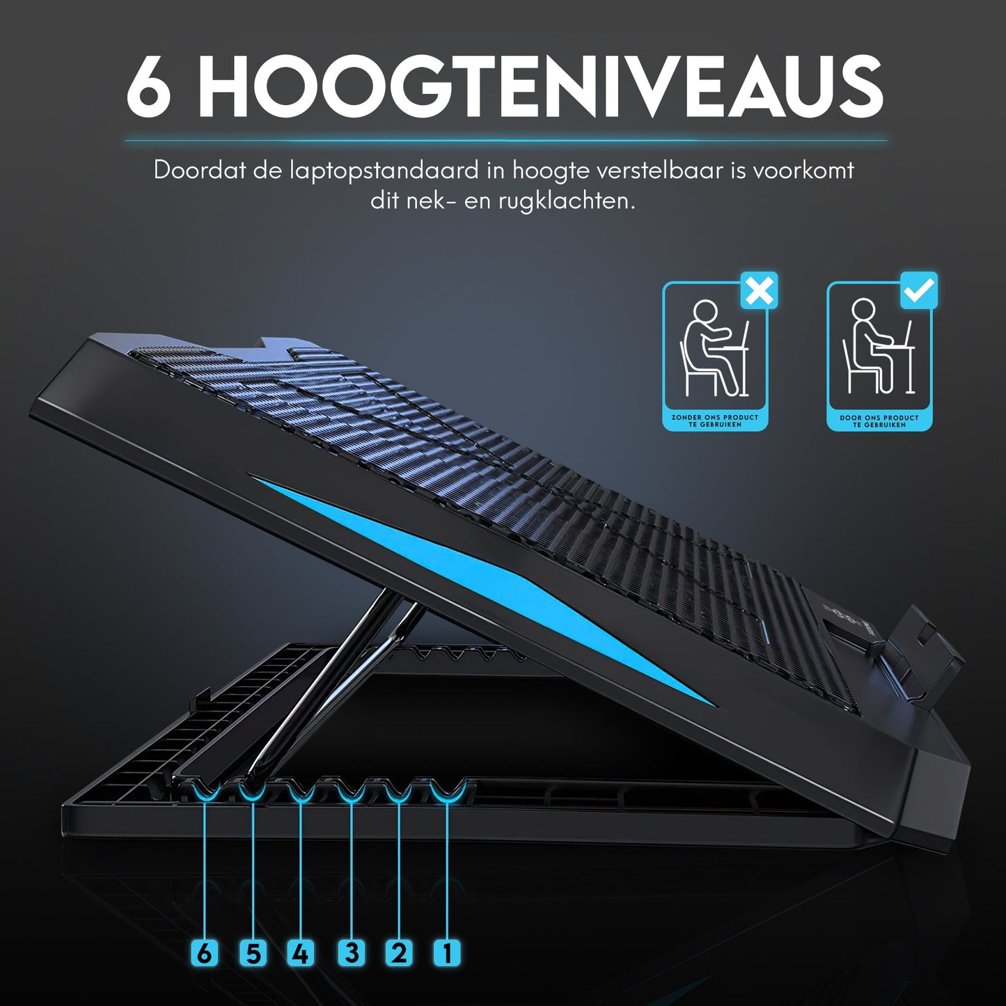 PROKING Laptop Koeler | Cooler - Laptop standaard - Laptopverhoger - 6 ventilatoren - Ergonomisch - 10"-17" inch - PROKING