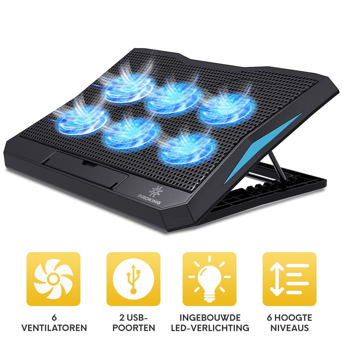 PROKING Laptop Koeler | Cooler - Laptop standaard - Laptopverhoger - 6 ventilatoren - Ergonomisch - 10"-17" inch - PROKING