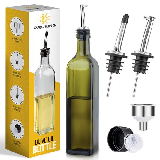 PROKING Olijfolie Fles met Schenktuit – Olijfoliefles – Schenktuit Olijfolie – Glazen Oliefles – Inclusief Schenktuit, Dop & Trechter – 500 ml - Groen - PROKING