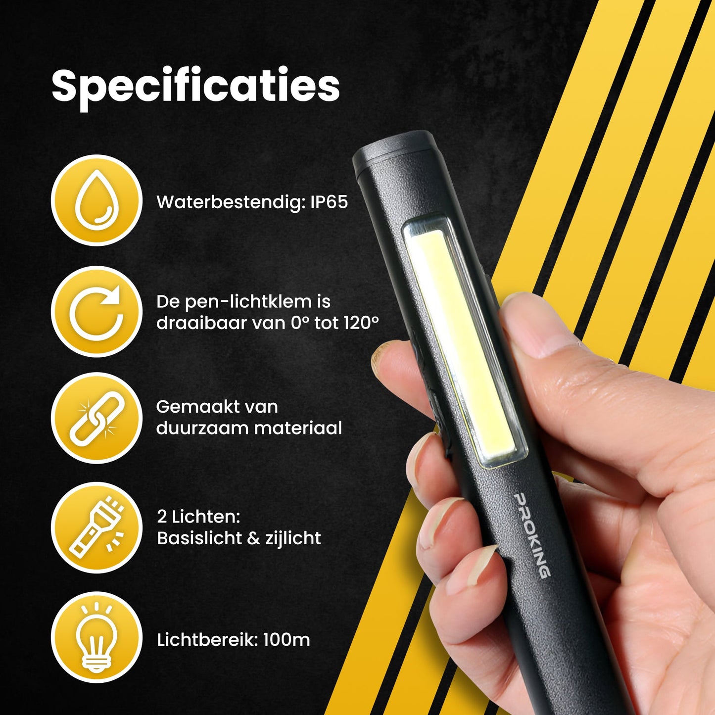 PROKING Oplaadbare LED Werklamp – Oplaadbaar – Militaire Zaklamp – Magnetisch - Accu - 2 Ledjes - PROKING