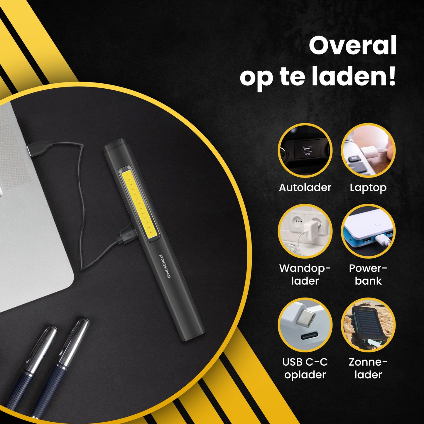 PROKING Oplaadbare LED Werklamp – Oplaadbaar – Militaire Zaklamp – Magnetisch - Accu - 2 Ledjes - PROKING