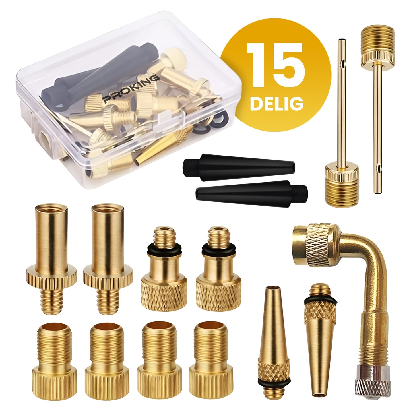 PROKING Ventiel Adapter Set 15 Stuks – Verloopnippel Set – Ventieladapters – Verloopnippels – Balnaalden – Geschikt Voor Bal, Fiets, Auto, Zwembad & Meer – Universeel Te Gebruiken - PROKING