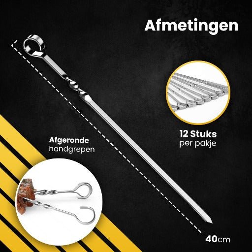 PROKING Barbecue Spiezen Set - BBQ Spiezen – Barbecue Skewers – Vleespennen – Grillspiezen – Vlees Spiesen – BBQ Accessoires – 12 stuks - PROKING