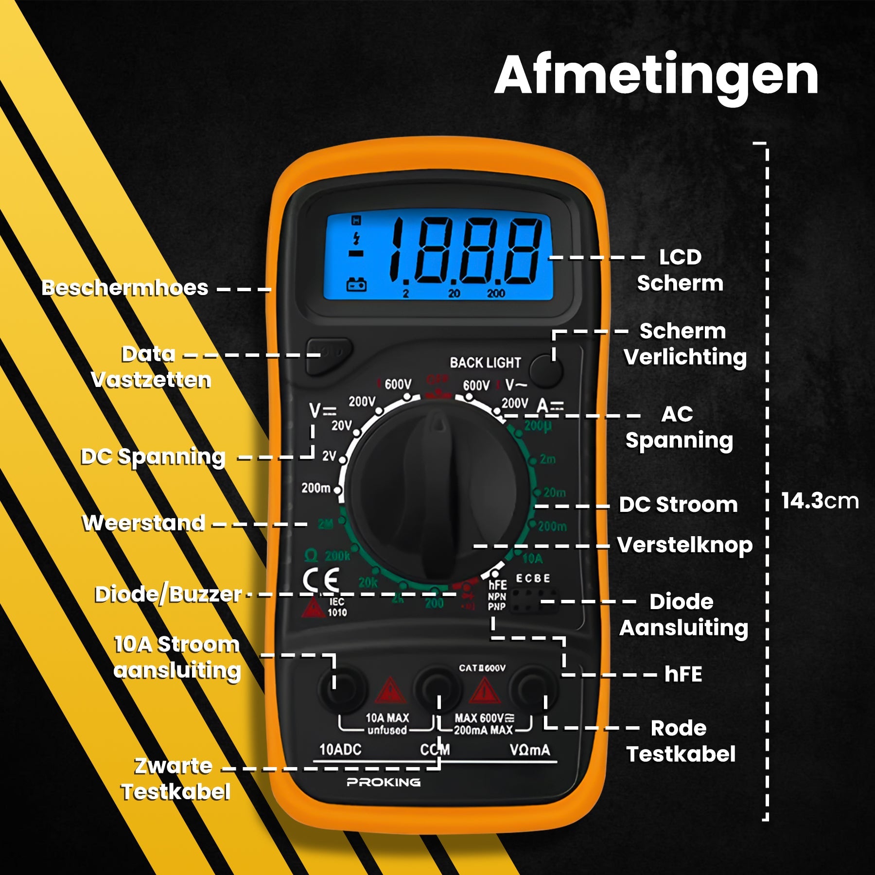 PROKING Digitale Multimeter - AC / DC - Incl. 9V Batterij - Klemtangen - Opberghoes - Multi Meter - PROKING