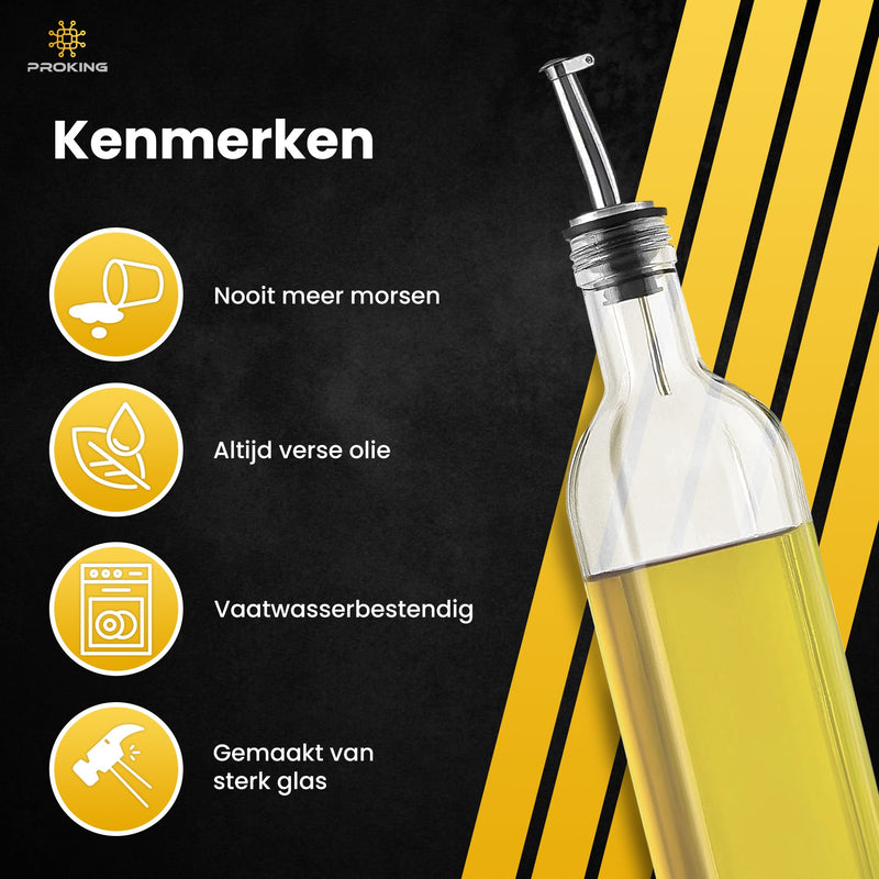 PROKING Olijfolie Fles met Schenktuit – Olijfoliefles – Schenktuit Olijfolie – Glazen Oliefles – Inclusief Schenktuit, Dop & Trechter – 500 ml - PROKING