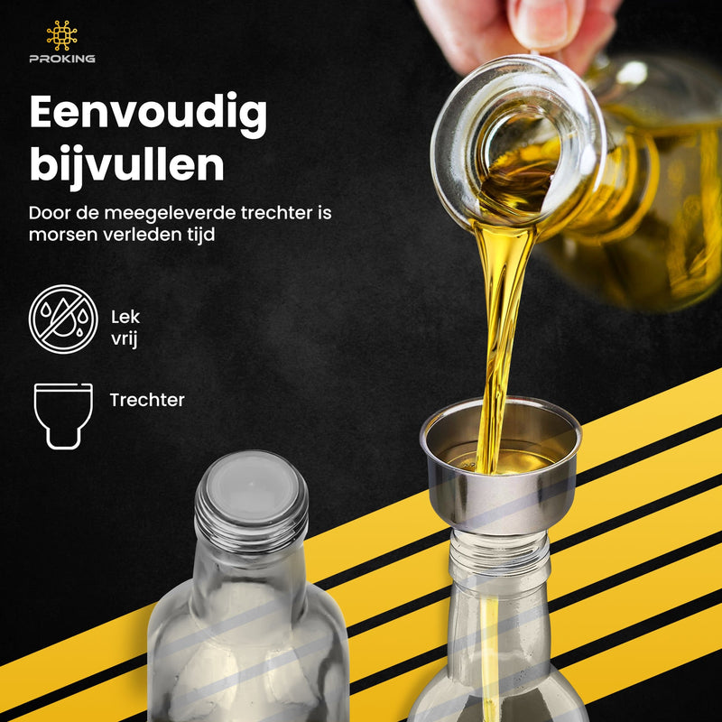 PROKING Olijfolie Fles met Schenktuit – Olijfoliefles – Schenktuit Olijfolie – Glazen Oliefles – Inclusief Schenktuit, Dop & Trechter – 500 ml - PROKING