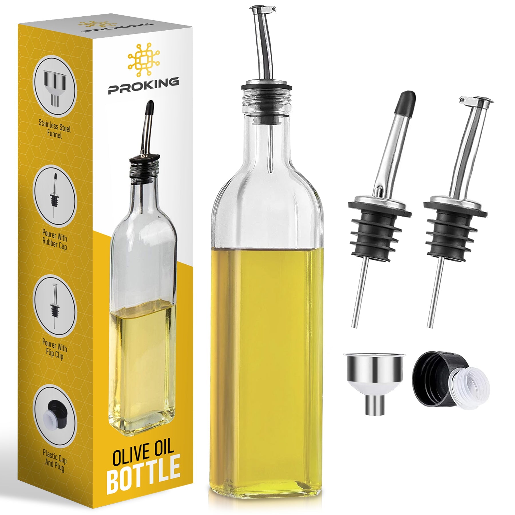 PROKING Olijfolie Fles met Schenktuit – Olijfoliefles – Schenktuit Olijfolie – Glazen Oliefles – Inclusief Schenktuit, Dop & Trechter – 500 ml - PROKING