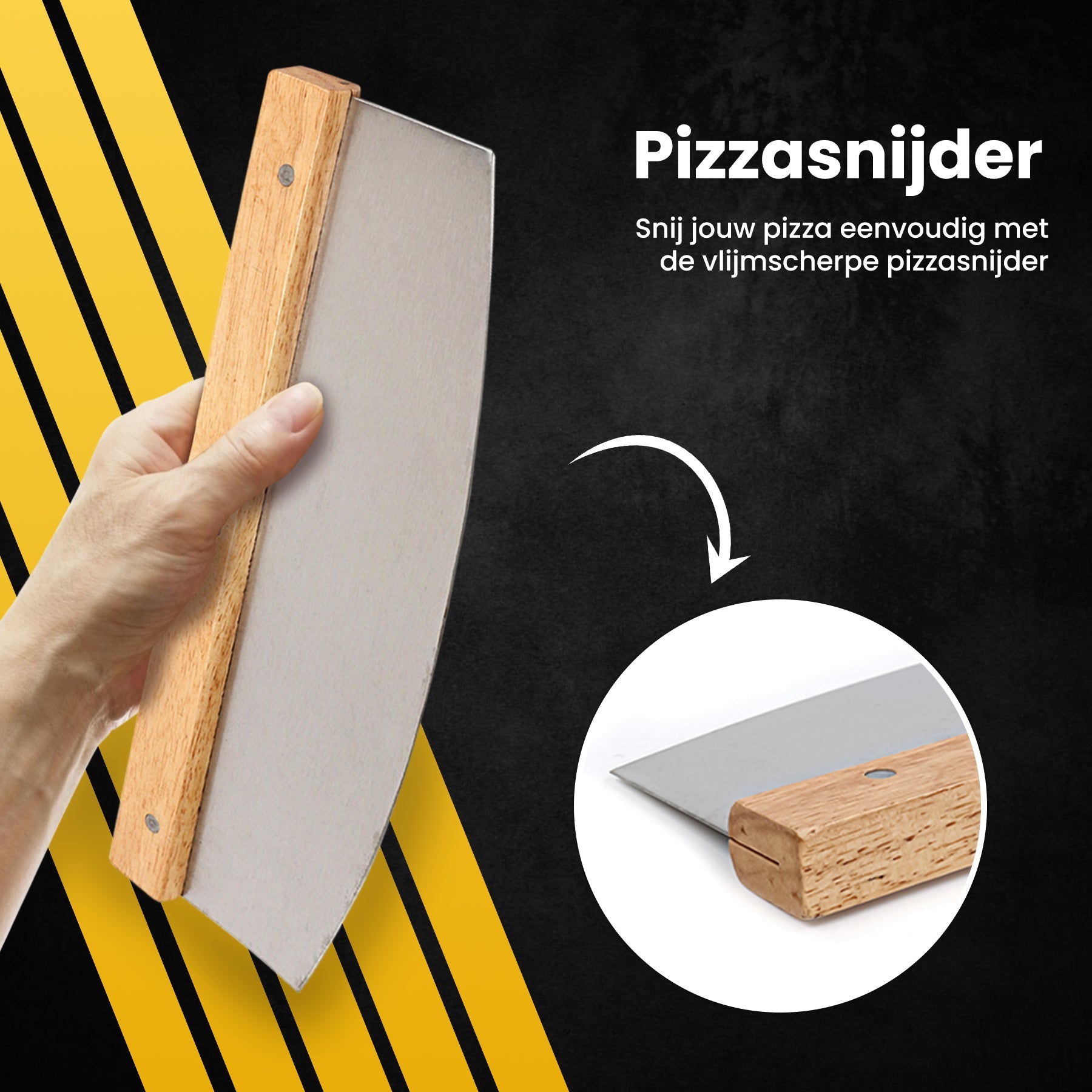 PROKING Pizzaschep en Pizzasnijder – Pizzaspatel – Pizzames – Wiegemes Pizza – Pizza Snijder – Met Houten Handvat – RVS - PROKING