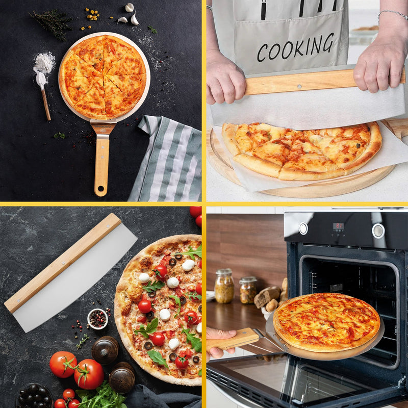 PROKING Pizzaschep en Pizzasnijder – Pizzaspatel – Pizzames – Wiegemes Pizza – Pizza Snijder – Met Houten Handvat – RVS - PROKING