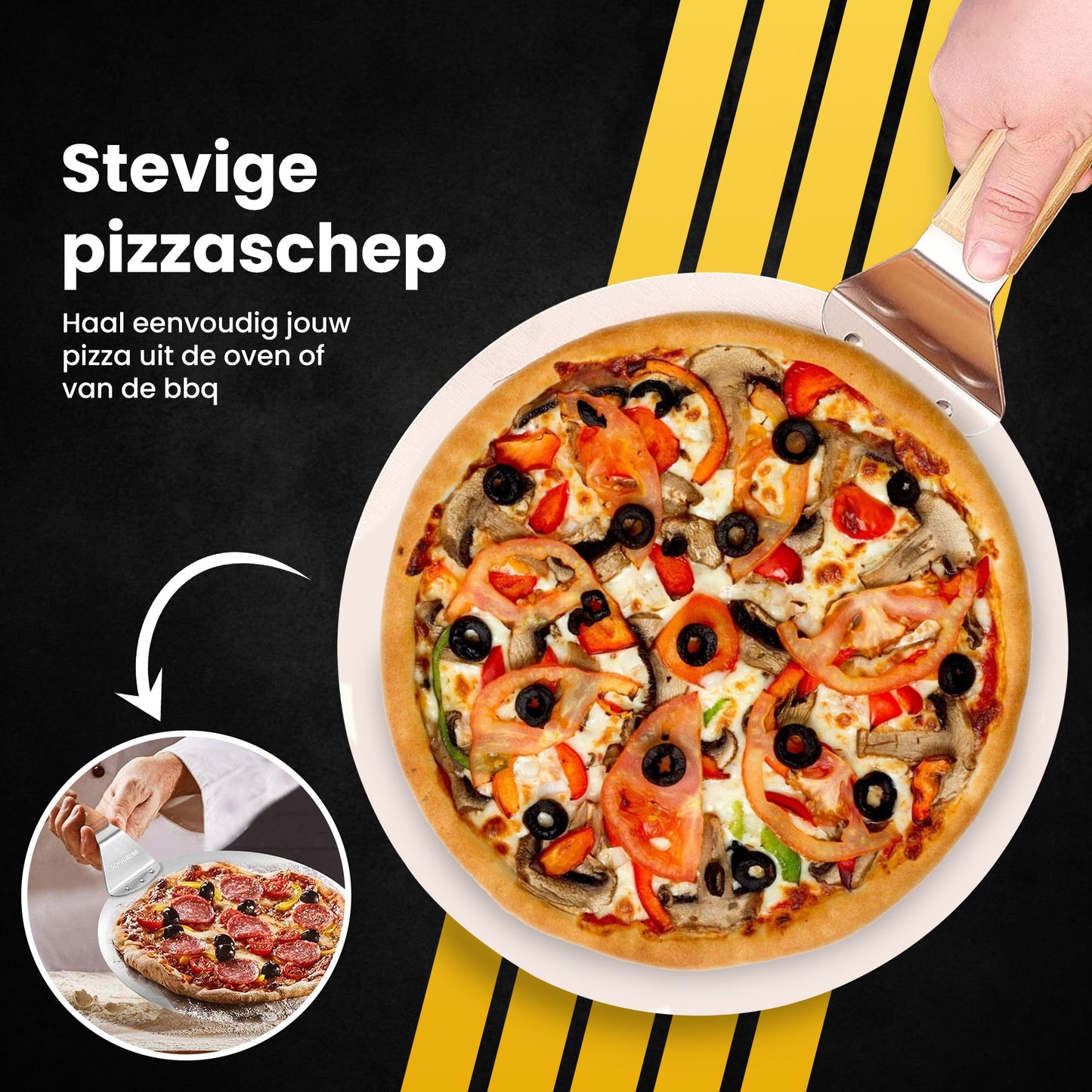 PROKING Pizzaschep en Pizzasnijder – Pizzaspatel – Pizzames – Wiegemes Pizza – Pizza Snijder – Met Houten Handvat – RVS - PROKING