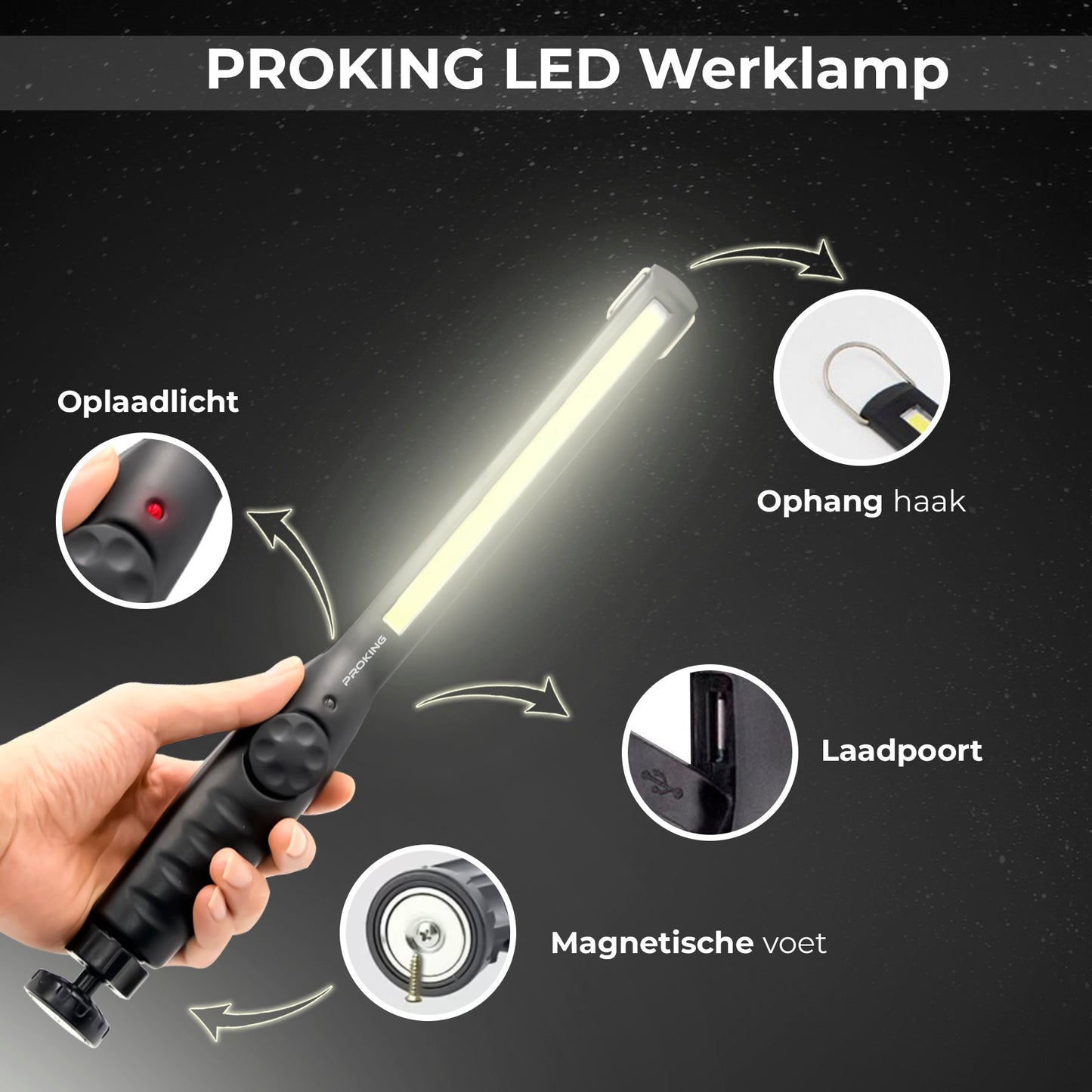 PROKING Professionele COB LED Werklamp - Werk Lamp - Looplamp - Oplaadbaar - 700 Lumen - PROKING